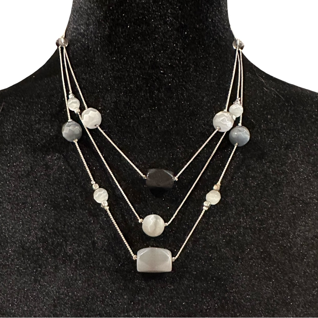 Ny Co Triple Strand Necklace Silver Tone Dark Gray White
